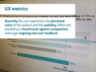 UX metrics
Quantify the user experience, the perceived
value of the product and the usability. Offers the
possibility to benchmark against competitors
and to get ongoing end-user feedback.
!

Área
Company Name

!13

 