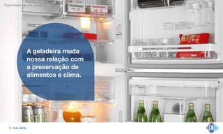 Aula aberta!18
Organização da vida cotidiana
A geladeira muda
nossa relação com
a preservação de
alimentos e clima.
 