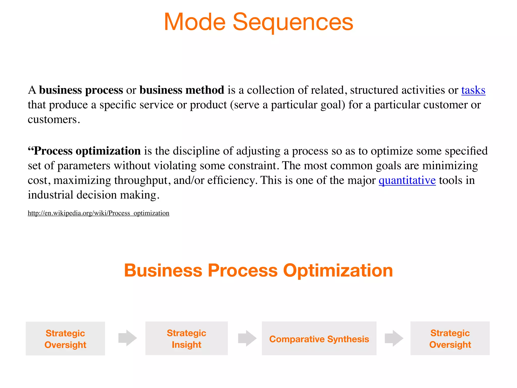 Mode Sequences

A business process or business method is a collection of related, structured activities or tasks
that produce a speciﬁc service or product (serve a particular goal) for a particular customer or
customers.

“Process optimization is the discipline of adjusting a process so as to optimize some speciﬁed
set of parameters without violating some constraint. The most common goals are minimizing
cost, maximizing throughput, and/or efﬁciency. This is one of the major quantitative tools in
industrial decision making.
http://en.wikipedia.org/wiki/Process_optimization




                                 Business Process Optimization


     Strategic                                  Strategic                           Strategic
                                                            Comparative Synthesis
     Oversight                                   Insight                            Oversight
 