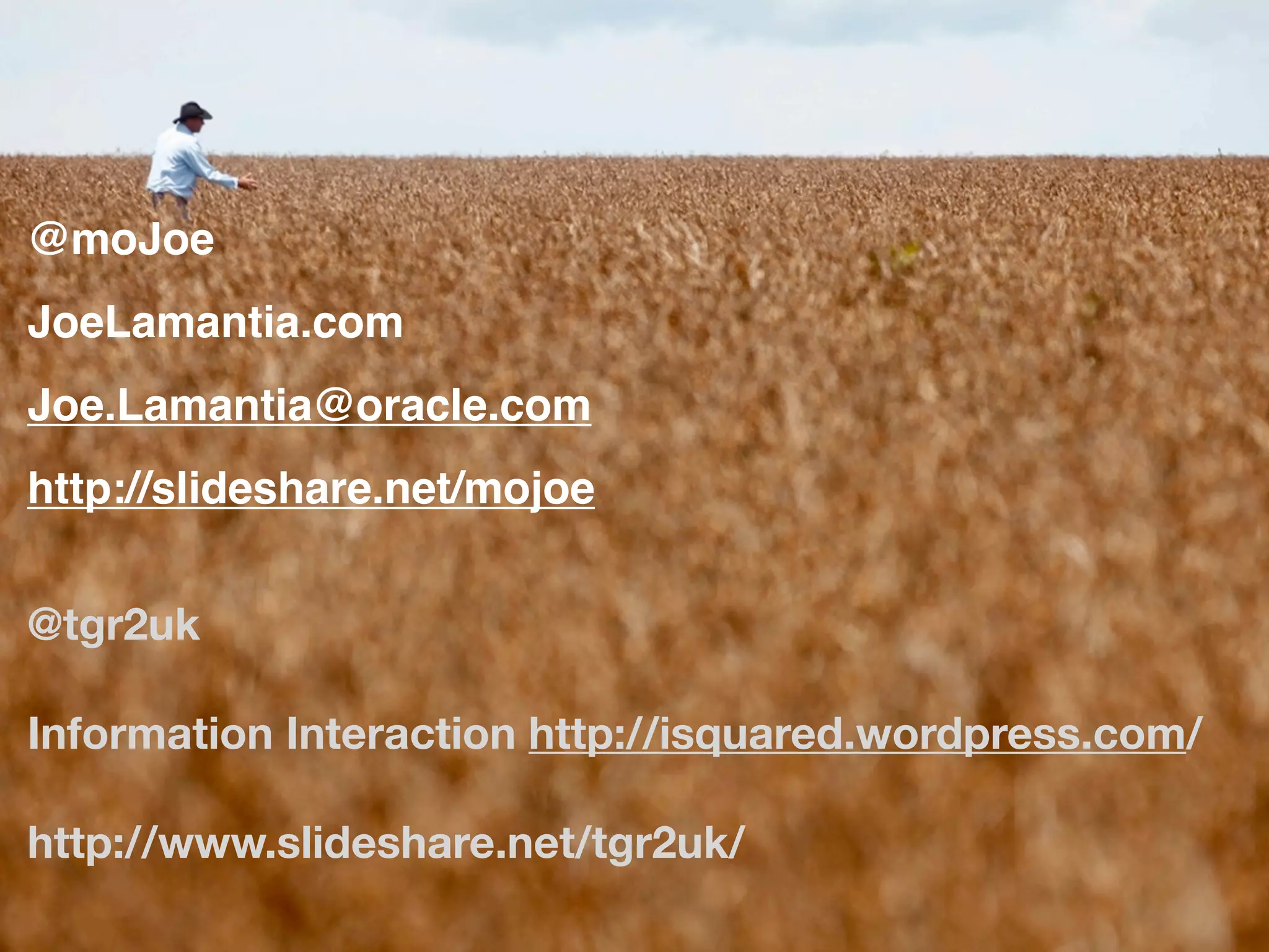 @moJoe
JoeLamantia.com
Joe.Lamantia@oracle.com
http://slideshare.net/mojoe


@tgr2uk

Information Interaction http://isquared.wordpress.com/

http://www.slideshare.net/tgr2uk/
 