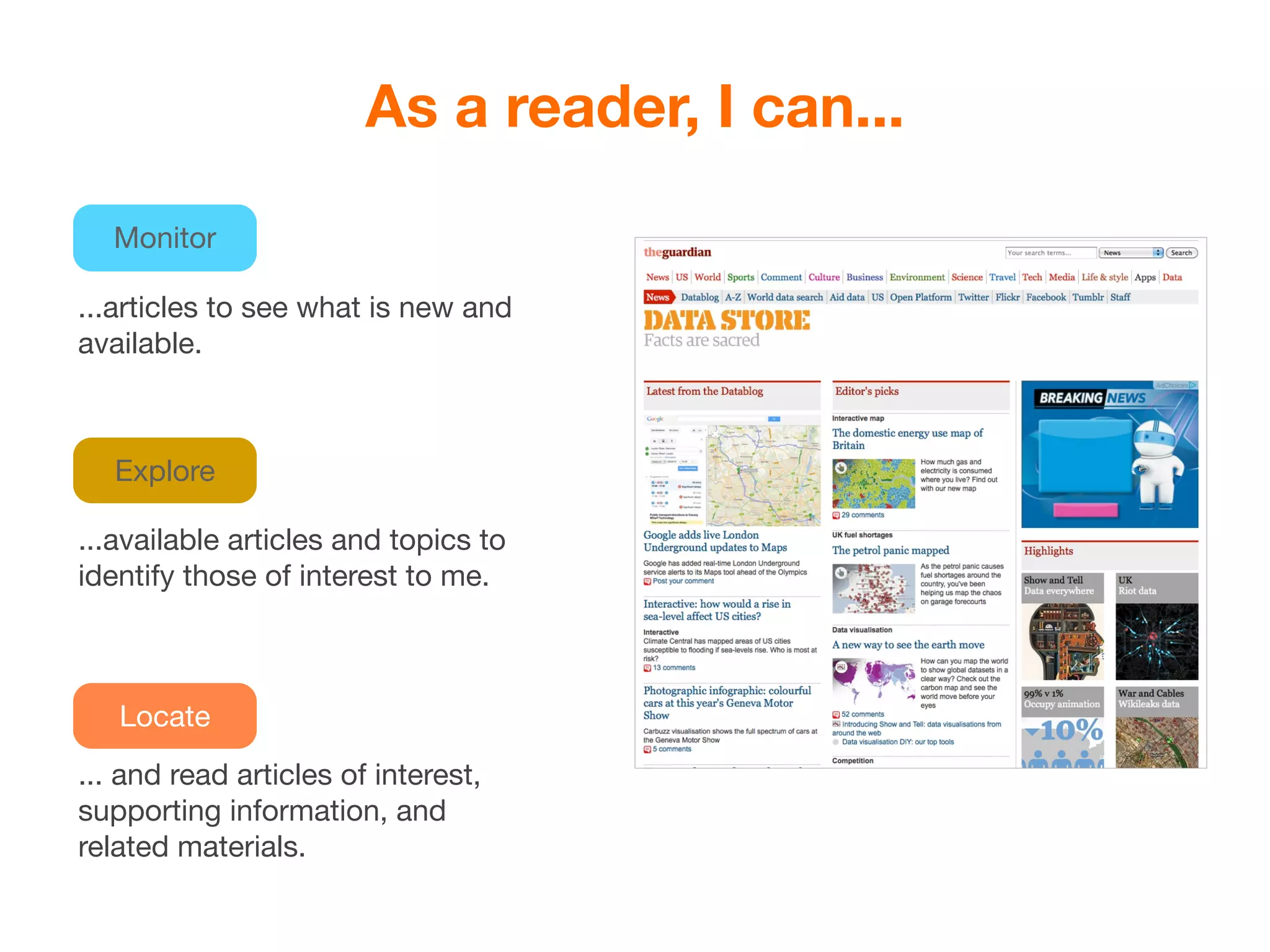 As a reader, I can...

  Monitor

...articles to see what is new and
available.



   Explore

...available articles and topics to
identify those of interest to me.



   Locate
... and read articles of interest,
supporting information, and
related materials.
 