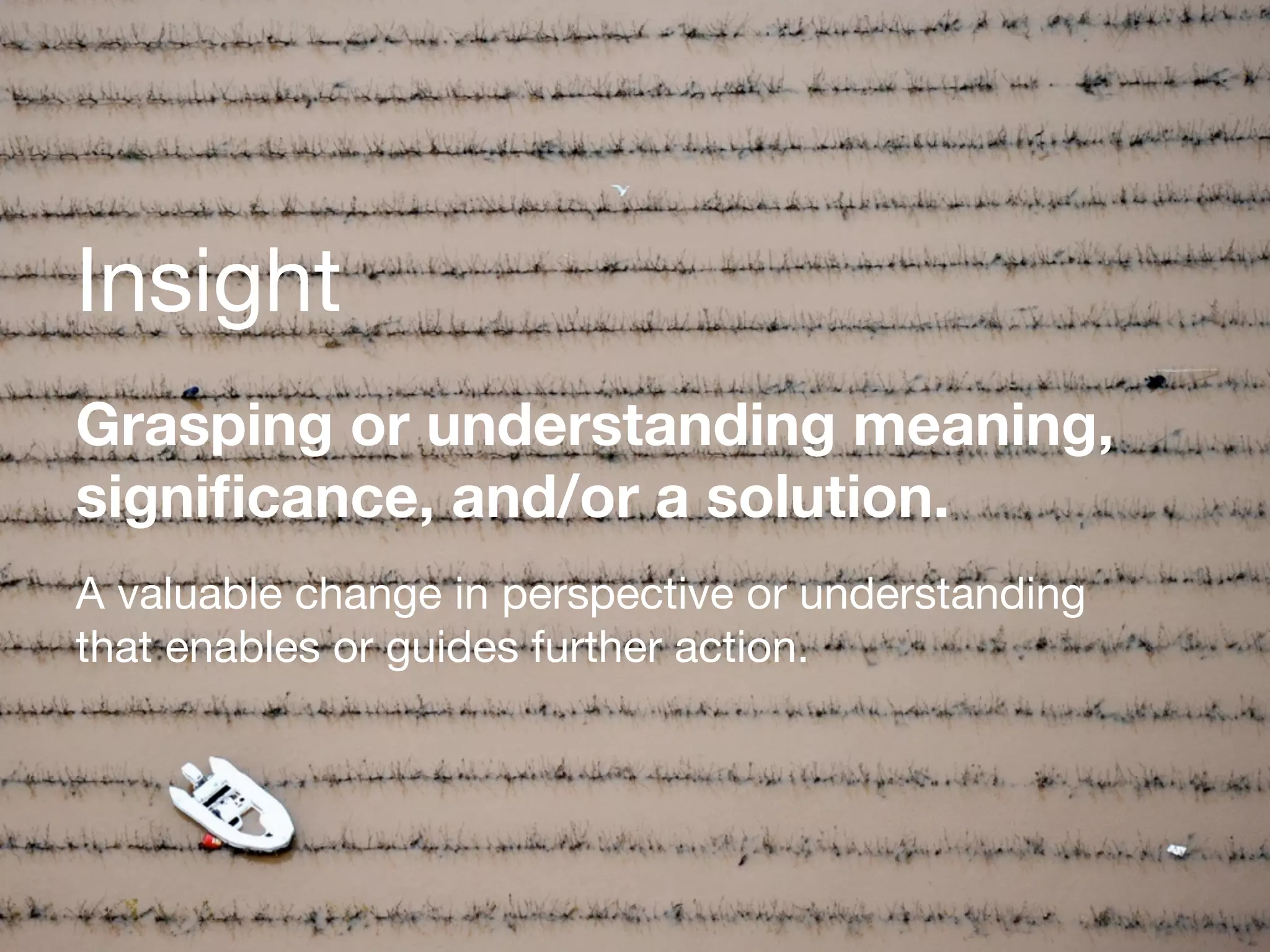 Insight
Grasping or understanding meaning,
signiﬁcance, and/or a solution.
A valuable change in perspective or understanding
that enables or guides further action.
 