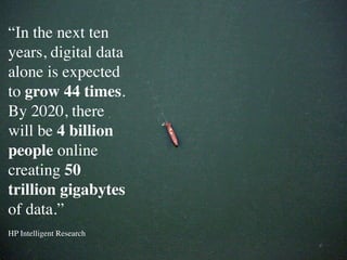 “In the next ten
years, digital data
alone is expected
to grow 44 times.
By 2020, there
will be 4 billion
people online
creating 50
trillion gigabytes
of data.”
HP Intelligent Research
 