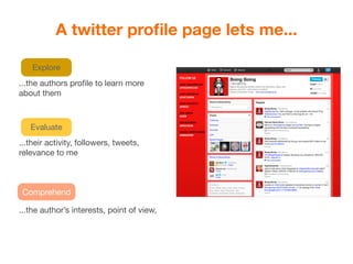 A twitter proﬁle page lets me...

    Explore
...the authors proﬁle to learn more
about them



   Evaluate
...their activity, followers, tweets,
relevance to me



 Comprehend

...the author’s interests, point of view,
 