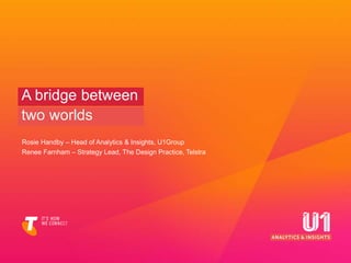 Rosie Handby – Head of Analytics & Insights, U1Group
Renee Farnham – Strategy Lead, The Design Practice, Telstra
two worlds
A bridge between
 