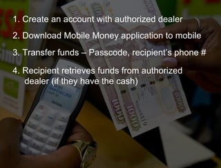 1. Create an account with authorized dealer 2. Download Mobile Money application to mobile 3. Transfer funds – Passcode, recipient’s phone # 4. Recipient retrieves funds from authorized dealer (if they have the cash)  