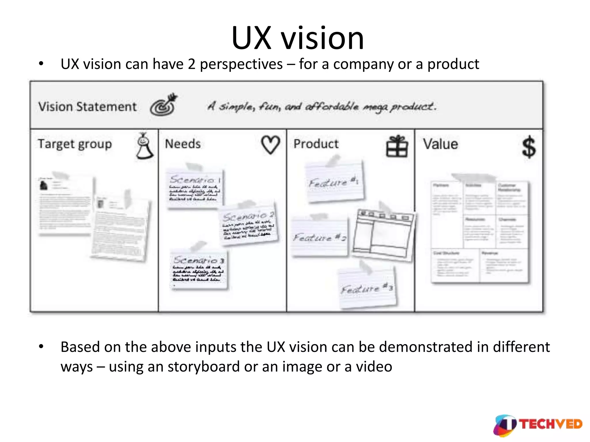UX vision
• UX vision can have 2 perspectives – for a company or a product
• Based on the above inputs the UX vision can be demonstrated in different
ways – using an storyboard or an image or a video
 