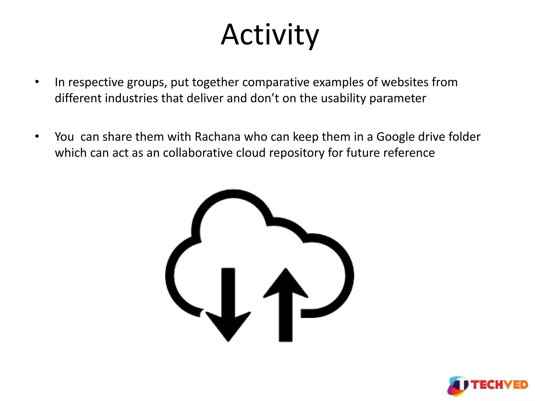 Activity
• In respective groups, put together comparative examples of websites from
different industries that deliver and don’t on the usability parameter
• You can share them with Rachana who can keep them in a Google drive folder
which can act as an collaborative cloud repository for future reference
 