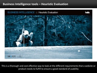 Business Intelligence tools – Heuristic EvaluationThis is a thorough and cost-effective way to look at the different requirements that a website or product needs to fulfill to ensure a good standard of usability