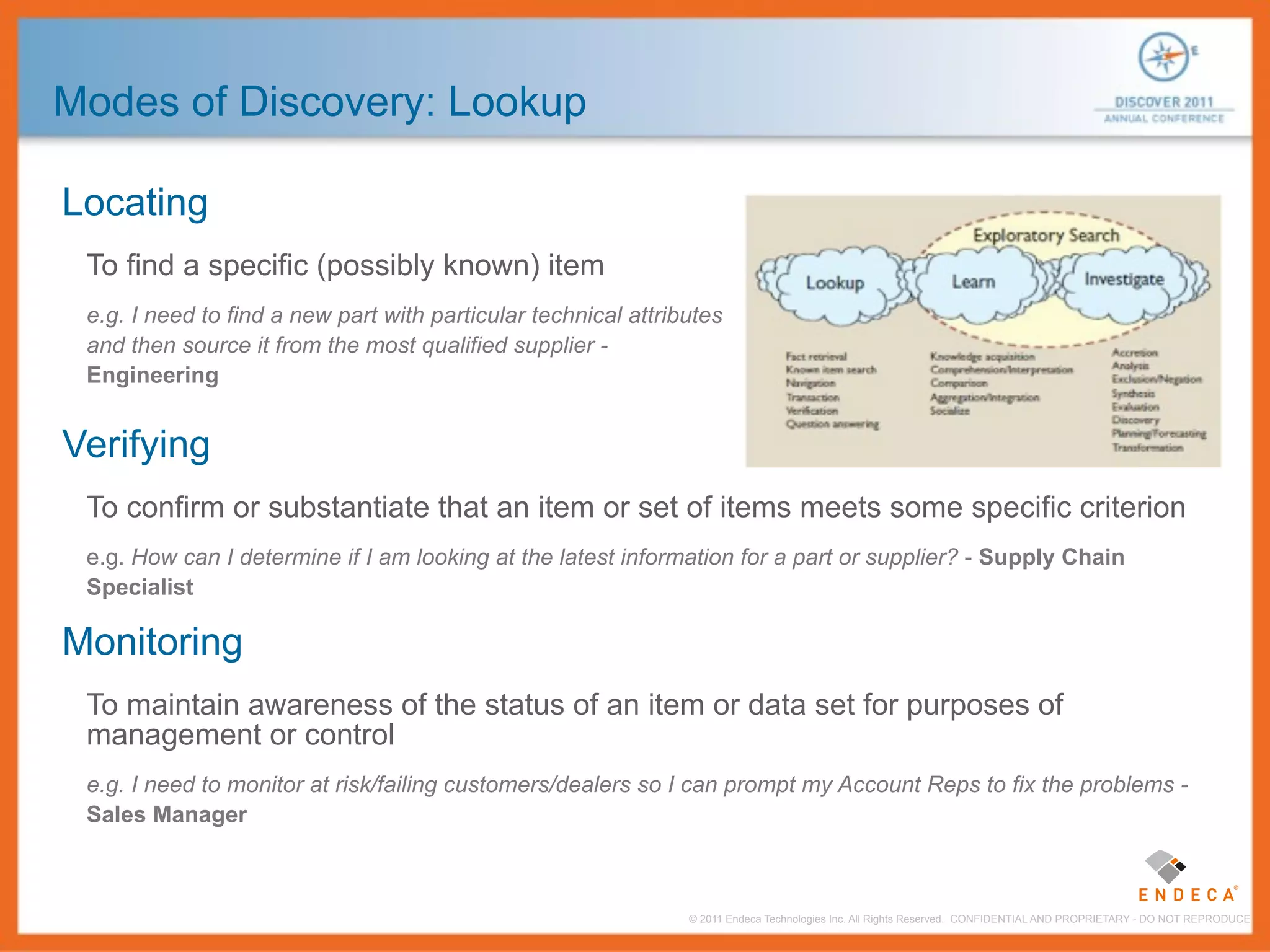Modes of Discovery: Lookup

Locating
 To find a specific (possibly known) item
 e.g. I need to find a new part with particular technical attributes
 and then source it from the most qualified supplier -
 Engineering


Verifying
 To confirm or substantiate that an item or set of items meets some specific criterion
 e.g. How can I determine if I am looking at the latest information for a part or supplier? - Supply Chain
 Specialist

Monitoring
 To maintain awareness of the status of an item or data set for purposes of
 management or control
 e.g. I need to monitor at risk/failing customers/dealers so I can prompt my Account Reps to fix the problems -
 Sales Manager



                                                                © 2011 Endeca Technologies Inc. All Rights Reserved. CONFIDENTIAL AND PROPRIETARY - DO NOT REPRODUCE.
 