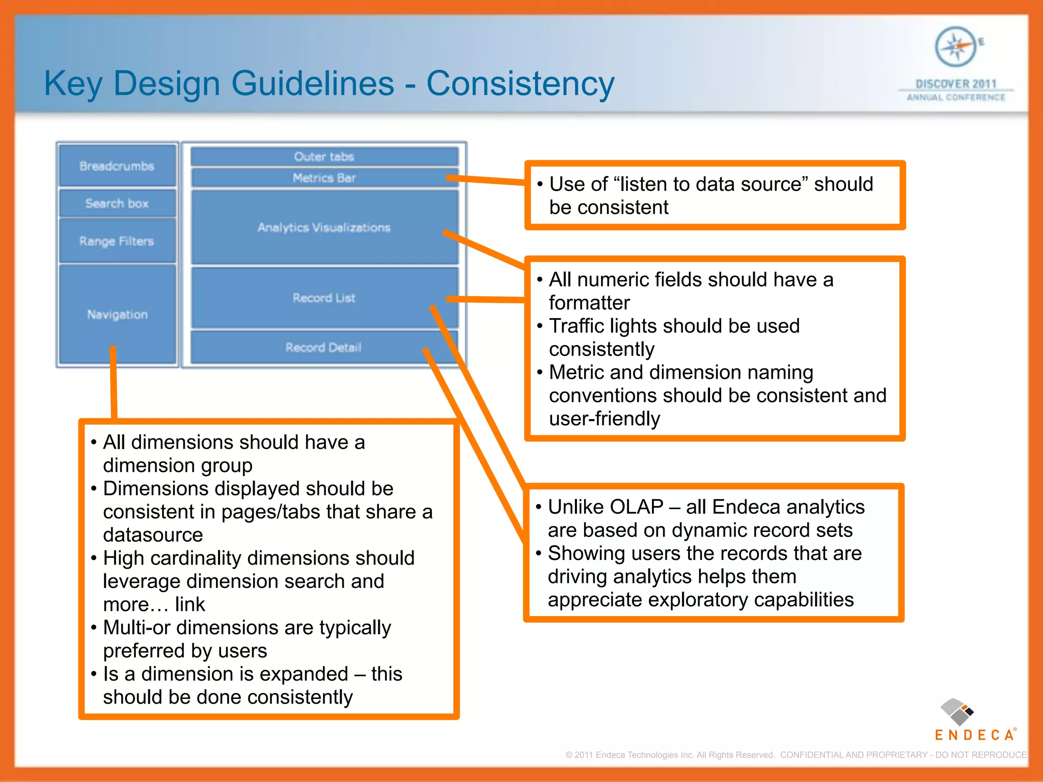Key Design Guidelines - Consistency

                                            • Use of “listen to data source” should
                                              be consistent


                                            • All numeric fields should have a
                                              formatter
                                            • Traffic lights should be used
                                              consistently
                                            • Metric and dimension naming
                                              conventions should be consistent and
                                              user-friendly
  • All dimensions should have a
    dimension group
  • Dimensions displayed should be
    consistent in pages/tabs that share a   • Unlike OLAP – all Endeca analytics
    datasource                                are based on dynamic record sets
  • High cardinality dimensions should      • Showing users the records that are
    leverage dimension search and             driving analytics helps them
    more… link                                appreciate exploratory capabilities
  • Multi-or dimensions are typically
    preferred by users
  • Is a dimension is expanded – this
    should be done consistently

                                               © 2011 Endeca Technologies Inc. All Rights Reserved. CONFIDENTIAL AND PROPRIETARY - DO NOT REPRODUCE.
 