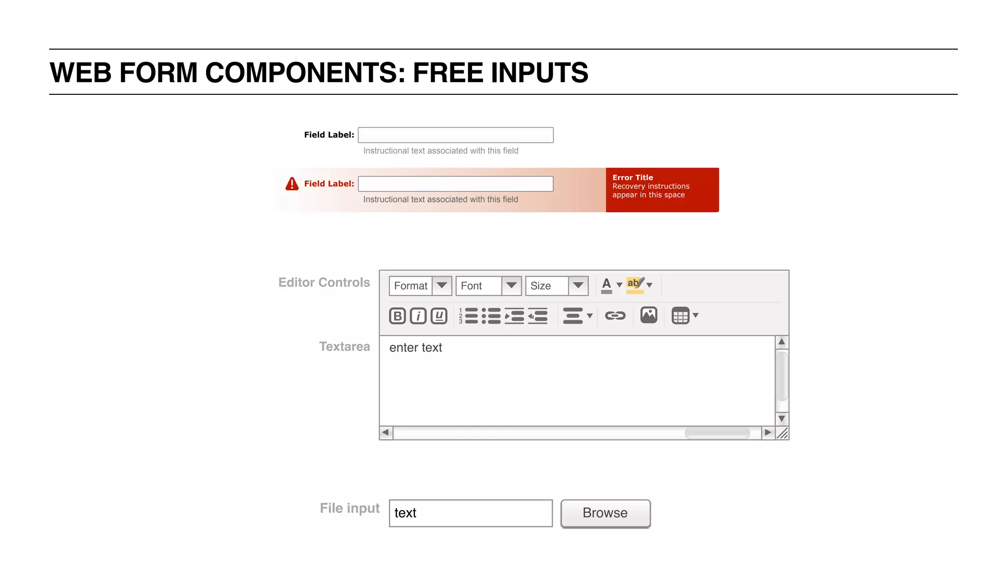 WEB FORM COMPONENTS: FREE INPUTS
Error Title
Recovery instructions
appear in this space
Field Label:
Instructional text associated with this field
Field Label:
Instructional text associated with this field
Textarea
Editor Controls
iB u 1
2
3
A abFormat Font Size
enter text
File input text Browse
 