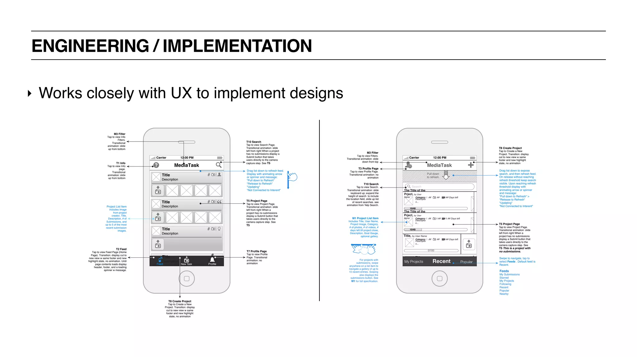 ENGINEERING / IMPLEMENTATION
‣ Works closely with UX to implement designs
Carrier 12:00 PM
MediaTask
Title
Description
#
Submit
sNew Task ProﬁleFeed
Title
Description
#
Title
Description
#
Title
Description
#
T7 Proﬁle Page
Tap to view Proﬁle
Page. Transitional
animation: no
animation
T8 Create Project
Tap to Create a New
Project. Transition: display
cut to new view w same
footer and new highlight
state, no animation
T2 Feed
Tap to view Feed Page (Home
Page). Transition: display cut to
new view w same footer and new
highlight state, no animation. Until
page contents loads display
header, footer, and a loading
spinner w message.
T5 Project Page
Tap to view Project Page.
Transitional animation: slide
left from right When a
project has no submissions
display a Submit button that
takes users directly to the
camera capture step. See
T5
Project List Item
Includes Image
from project
creator, Title,
Description, # of
Submissions, and
up to 5 of the most
recent submission
images.
Drag list down to refresh feed.
Display with animating arrow
or spinner and message:
"Pull down to Refresh"
"Release to Refresh"
"Updating"
"Not Connected to Interent"
T1 Info
Tap to view Info
page.
Transitional
animation: slide
up from bottom
T10 Search
Tap to view Search Page.
Transitional animation: slide
left from right When a project
has no submissions display a
Submit button that takes
users directly to the camera
capture step. See T5
M3 Filter
Tap to view Info
Filters.
Transitional
animation: slide
up from bottom
Carrier 12:00 PM
Title
Category ## photos ## videos submitted
User Name
My Projects Recent Popular
MediaTask
T8 Create Project
Tap to Create a New
Project. Transition: display
cut to new view w same
footer and new highlight
state, no animation
Pull down
to refresh.
Search
Title, by User Name
0/100
Category | ## | ## | ## Days left
Descriptio
n...
10/40
The Title of the
Prject, by User
Name Category | ## | ## | ## Days left
Descriptio
n...
10/40
The Title of the
Prject, by User
Name Category | ## | ## | ## Days left
Descriptio
n...
Swipe to navigate, tap to
select Feeds . Default feed is
Recent.
T5 Project Page
Tap to view Project Page.
Transitional animation: slide
left from right When a
project has no submissions
display a Submit button that
takes users directly to the
camera capture step. See
T5 This is a project with
no submissions.
M1 Project List Item
Includes Title, User Name,
Project Image, Category,
# of photos, # of videos, #
days left till project close,
Description, Goal Gauge,
optional gallery.
Drag list down to expose
search, and then refresh feed.
On release without reaching
refresh threshold keep search
visible. Upon reaching refresh
threshold display with
animating arrow or spinner
and message:
"Pull down to Refresh" >
"Release to Refresh"
"Updating"
"Not Connected to Interent"
T3 Proﬁle Page
Tap to view Proﬁle Page.
Transitional animation: no
animation
M3 Filter
Tap to view Filters.
Transitional animation: slide
down from top
For projects with
submissions, swipe
anywhere on a list item to
navigate a gallery of up to
10 recent entries. Swiping
also displays the
submissions button. See
M1 for full speciﬁcation.
Feeds
My Submissions
Starred
My Projects
Following
Recent
Popular
Nearby
T10 Search
Tap to view Search.
Transitional animation: slide
keyboard up; expand the
height of search to include
the location ﬁeld, slide up list
of recent searches. see
animation from Yelp Search.
 