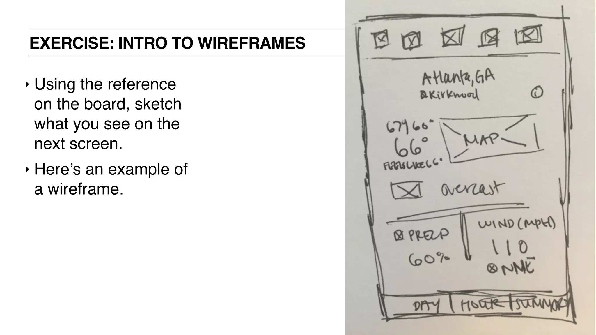 EXERCISE: INTRO TO WIREFRAMES
‣ Using the reference
on the board, sketch
what you see on the
next screen.
‣ Here’s an example of
a wireframe.
 