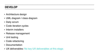 DEVELOP
‣ Architecture design
‣ UML diagram / class diagram
‣ Daily scrum
‣ Code iteration cycles
‣ Interim installers
‣ Release management
‣ Unit testing
‣ Code refactoring
‣ Documentation
‣ UX deliverables: No key UX deliverables at this stage.
 
