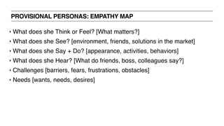 PROVISIONAL PERSONAS: EMPATHY MAP
‣ What does she Think or Feel? [What matters?]
‣ What does she See? [environment, friends, solutions in the market]
‣ What does she Say + Do? [appearance, activities, behaviors]
‣ What does she Hear? [What do friends, boss, colleagues say?]
‣ Challenges [barriers, fears, frustrations, obstacles]
‣ Needs [wants, needs, desires]
 