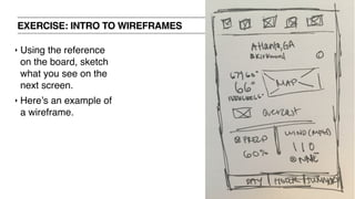 EXERCISE: INTRO TO WIREFRAMES
‣ Using the reference
on the board, sketch
what you see on the
next screen.
‣ Here’s an example of
a wireframe.
 