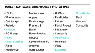 TOOLS + SOFTWARE: WIREFRAMES + PROTOTYPES
‣ UX Pin
‣ Wireframe.cc
‣ Solidify App
‣ Proto.io
‣ InVision
‣ P.O.P. app
‣ Axure
‣ Paper sketches
‣ Flinto
‣ Protoskecth
‣ Mockups.me
‣ Appery
‣ Realizer App
‣ Framer JS
‣ Easel
‣ Power Mockup
‣ Moqups
‣ Keynote Kung Fu
‣ Antetype
‣ AppSketcher
‣ HotGloo
‣ FlairBuilder
‣ Pidoco
‣ Pencil Project
‣ FileSquare
‣ Concept.ly
‣ MockingBird
‣ Mockﬂow
‣ iPlotz
‣ Balsamiq
‣ OmniGrafﬂe
‣ Fluid
‣ Handcraft
‣ Composite
 