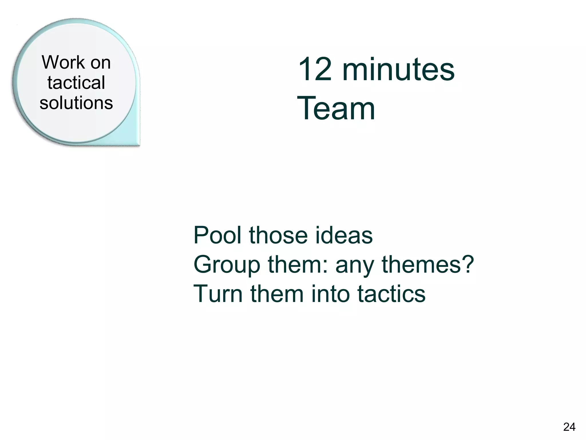 Work on
tactical
solutions
12 minutes
Team
Pool those ideas
Group them: any themes?
Turn them into tactics
24
 