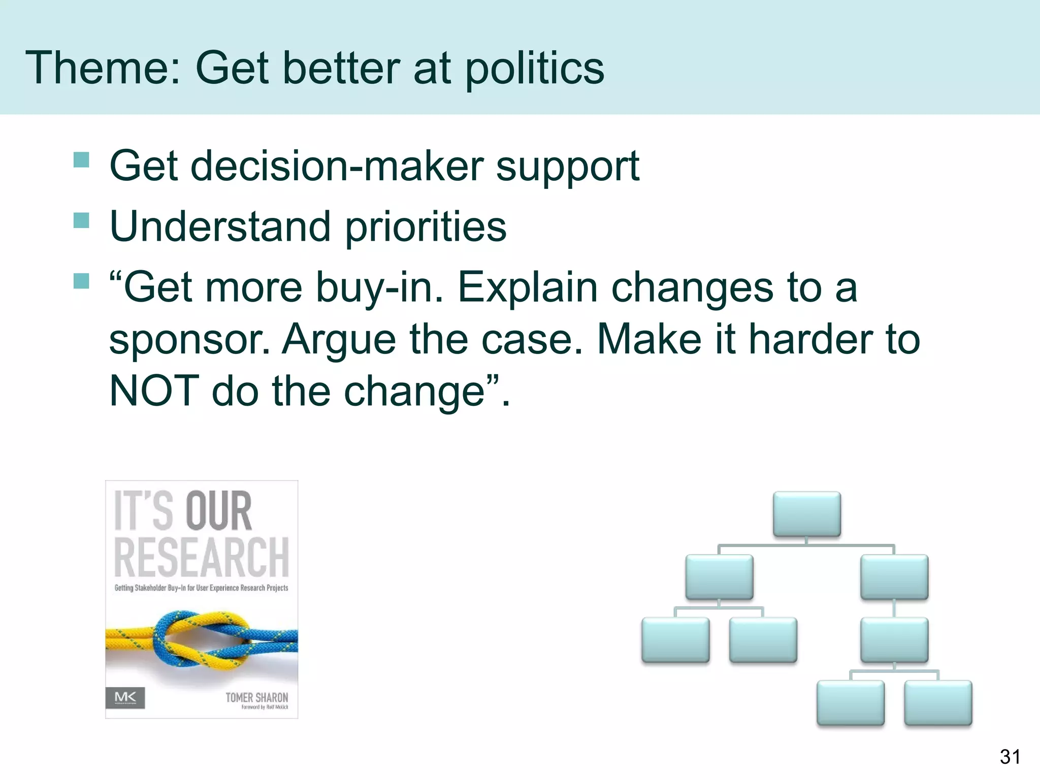 Theme: Get better at politics
 Get decision-maker support
 Understand priorities
 “Get more buy-in. Explain changes to a
sponsor. Argue the case. Make it harder to
NOT do the change”.
31
 
