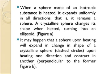 When a sphere made of an isotropic
substance is heated, it expands uniformly
in all directions, that is, it remains a
sphere. A crystalline sphere changes its
shape when heated, turning into an
ellipsoid, (Figure a)
It may happen that a sphere upon heating
will expand in change in shape of a
crystalline sphere (dashed circles) upon
heating one direction and contract in
another (perpendicular to the former
Figure b).
 