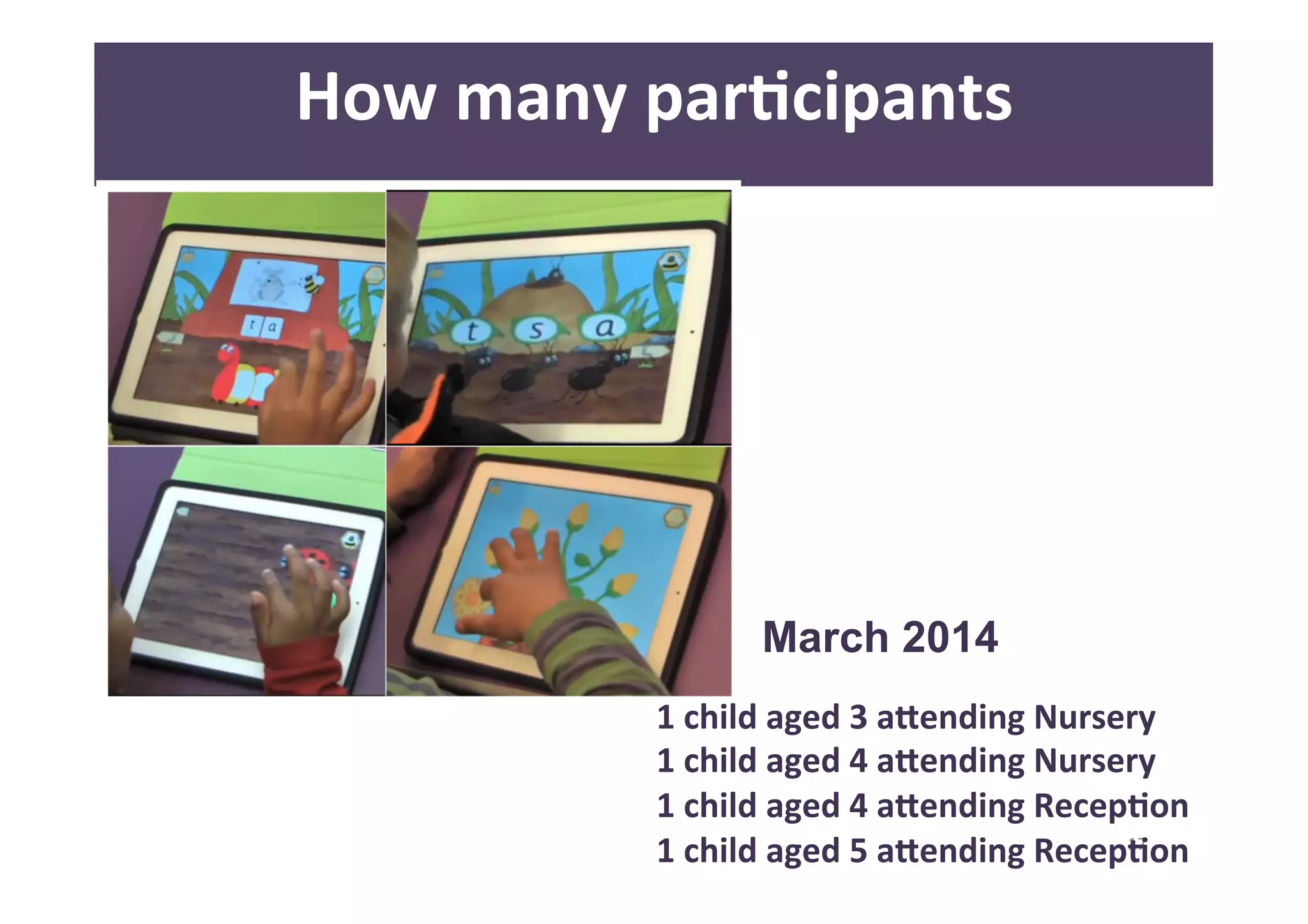 17 
How 
many 
parAcipants 
March 2014 
1 
child 
aged 
3 
a<ending 
Nursery 
1 
child 
aged 
4 
a<ending 
Nursery 
1 
child 
aged 
4 
a<ending 
RecepAon 
1 
child 
aged 
5 
a<ending 
RecepAon 
 