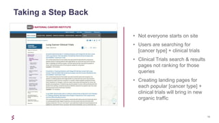 15
Taking a Step Back
• Not everyone starts on site
• Users are searching for
[cancer type] + clinical trials
• Clinical Trials search & results
pages not ranking for those
queries
• Creating landing pages for
each popular [cancer type] +
clinical trials will bring in new
organic traffic
 