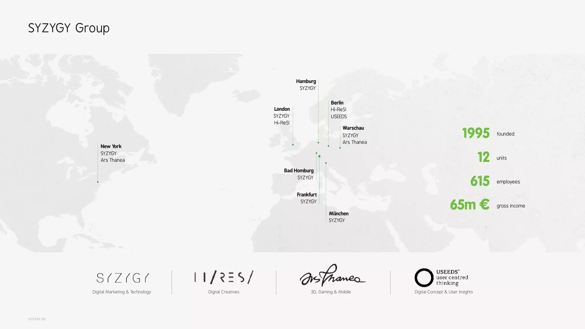 SYZYGY.DE
New York
SYZYGY
Ars Thanea
London
SYZYGY
Hi-ReS!
Berlin
Hi-ReS!
USEEDS
Frankfurt
SYZYGY
Hamburg
SYZYGY
Warschau
SYZYGY 
Ars Thanea
Bad Homburg
SYZYGY
615 employees
12 units
1995 founded
M&uuml;nchen
SYZYGY
gross income65m &euro;
SYZYGY Group
Digital Marketing & Technology Digital Creatives 3D, Gaming & Mobile Digital Concept & User Insights
 