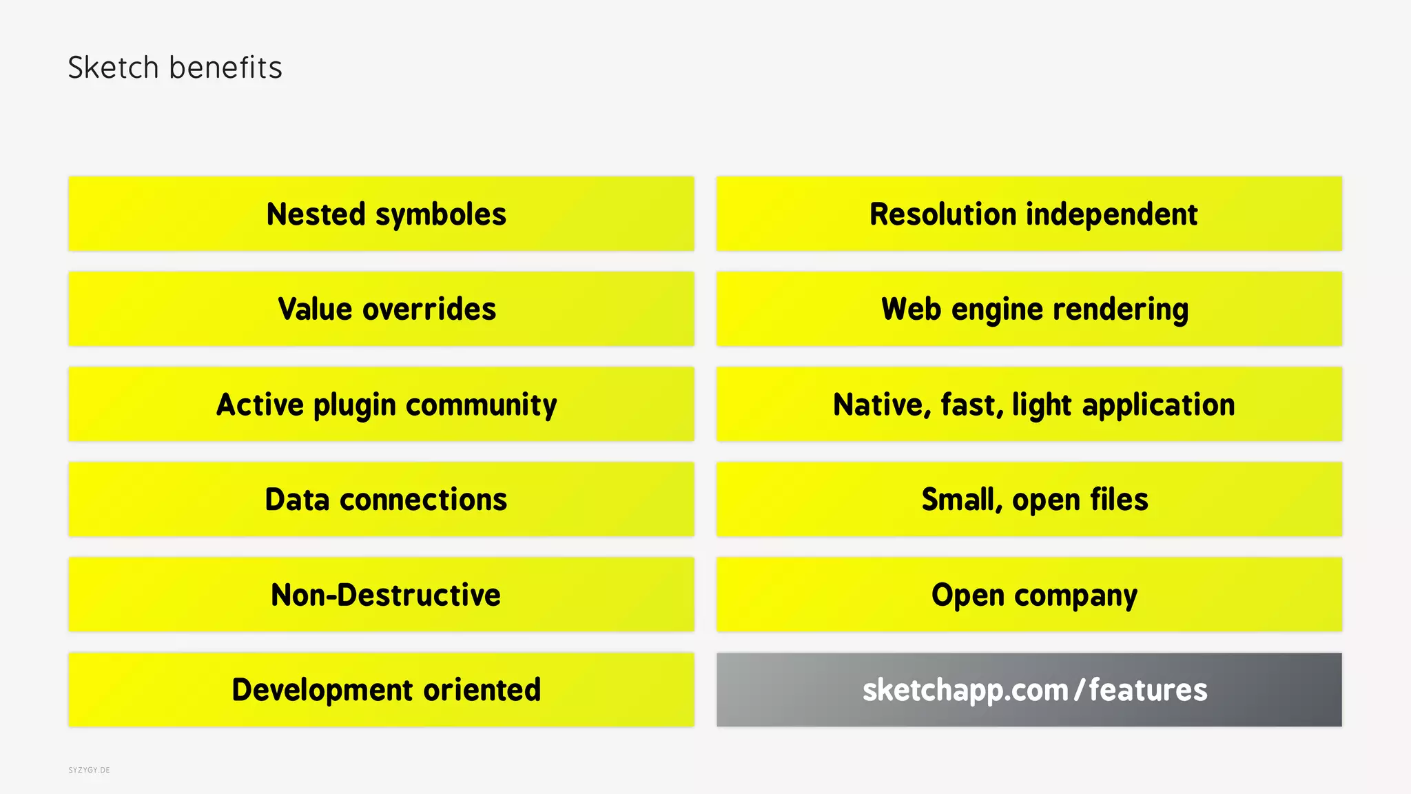 SYZYGY.DE
Sketch benefits
Data connections
sketchapp.com/features
Value overrides
Open company
Development oriented
Native, fast, light application
Non-Destructive
Active plugin community
Web engine rendering
Small, open files
Nested symboles Resolution independent
 