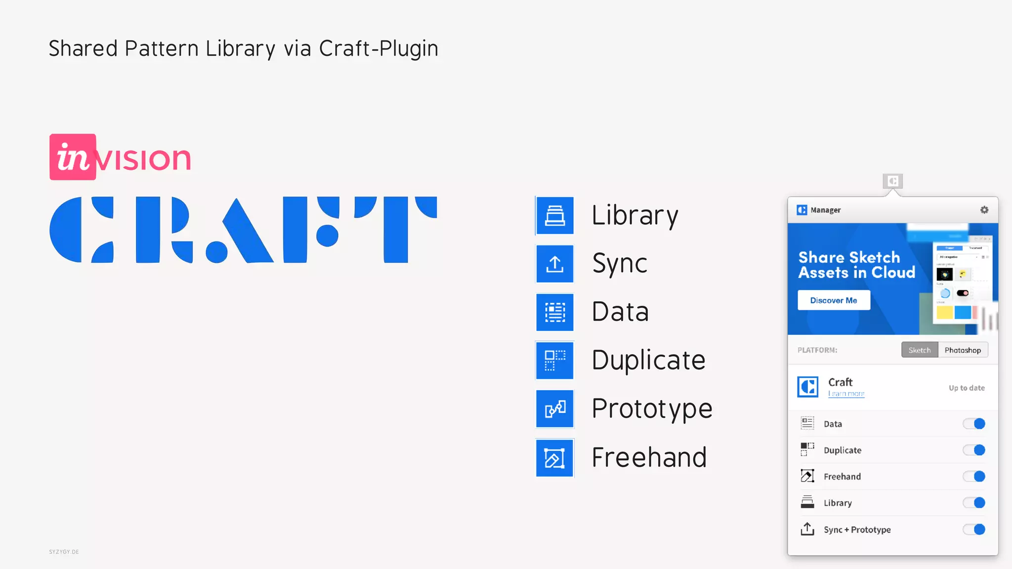 SYZYGY.DE
Shared Pattern Library via Craft-Plugin
Prototype
Sync
Data
Library
Duplicate
Freehand
 