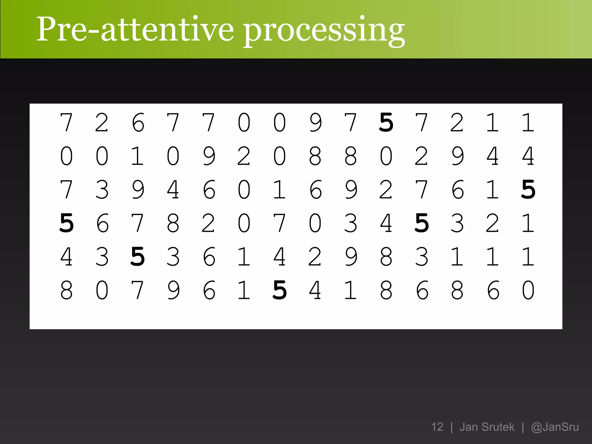 Pre-attentive processing 7 2 6 7 7 0 0 9 7  5  7 2 1 1 0 0 1 0 9 2 0 8 8 0 2 9 4 4 7 3 9 4 6 0 1 6 9 2 7 6 1  5   5  6 7 8 2 0 7 0 3 4  5  3 2 1 4 3  5  3 6 1 4 2 9 8 3 1 1 1 8 0 7 9 6 1  5  4 1 8 6 8 6 0 
