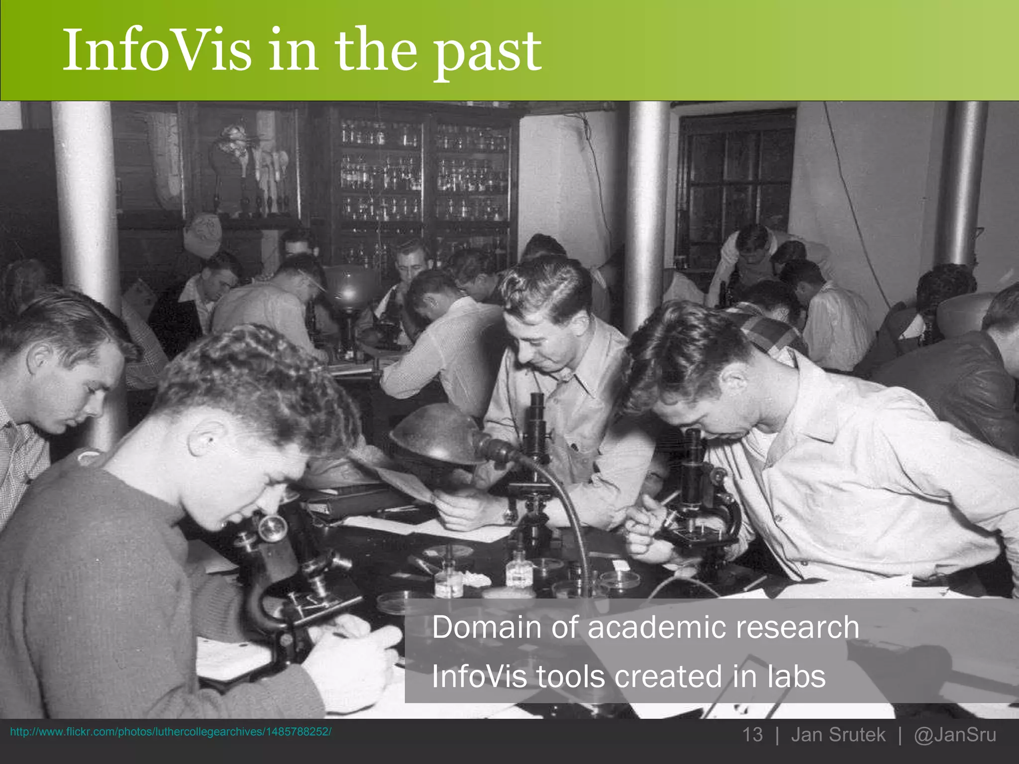 InfoVis in the past http://www.flickr.com/photos/luthercollegearchives/1485788252/ Domain of academic research InfoVis tools created in labs 