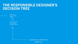 THE RESPONSIBLE DESIGNERS
DECISION TREE
Will we have
time to do test
and QA
Do we trust that
it will work as
intended without
N
A good idea you shouldnt do!
N
(right now)
 