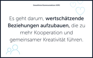 Es geht darum, wertschätzende
Beziehungen aufzubauen, die zu
mehr Kooperation und
gemeinsamer Kreativität führen.
Gewaltfreie Kommuniaktion (GFK)
 