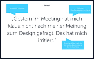 „Gestern im Meeting hat mich
Klaus nicht nach meiner Meinung
zum Design gefragt. Das hat mich
irritiert.“
Beispiel
Konkreter Zeitpunkt Konkreter
Handlungszusammenhang
Bewertung folgt nach der
konkreten Beschreibung
der Beobachtung
 