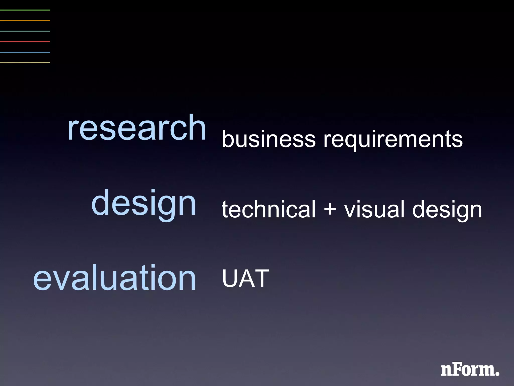 research design  evaluation  business requirements technical + visual design UAT 
