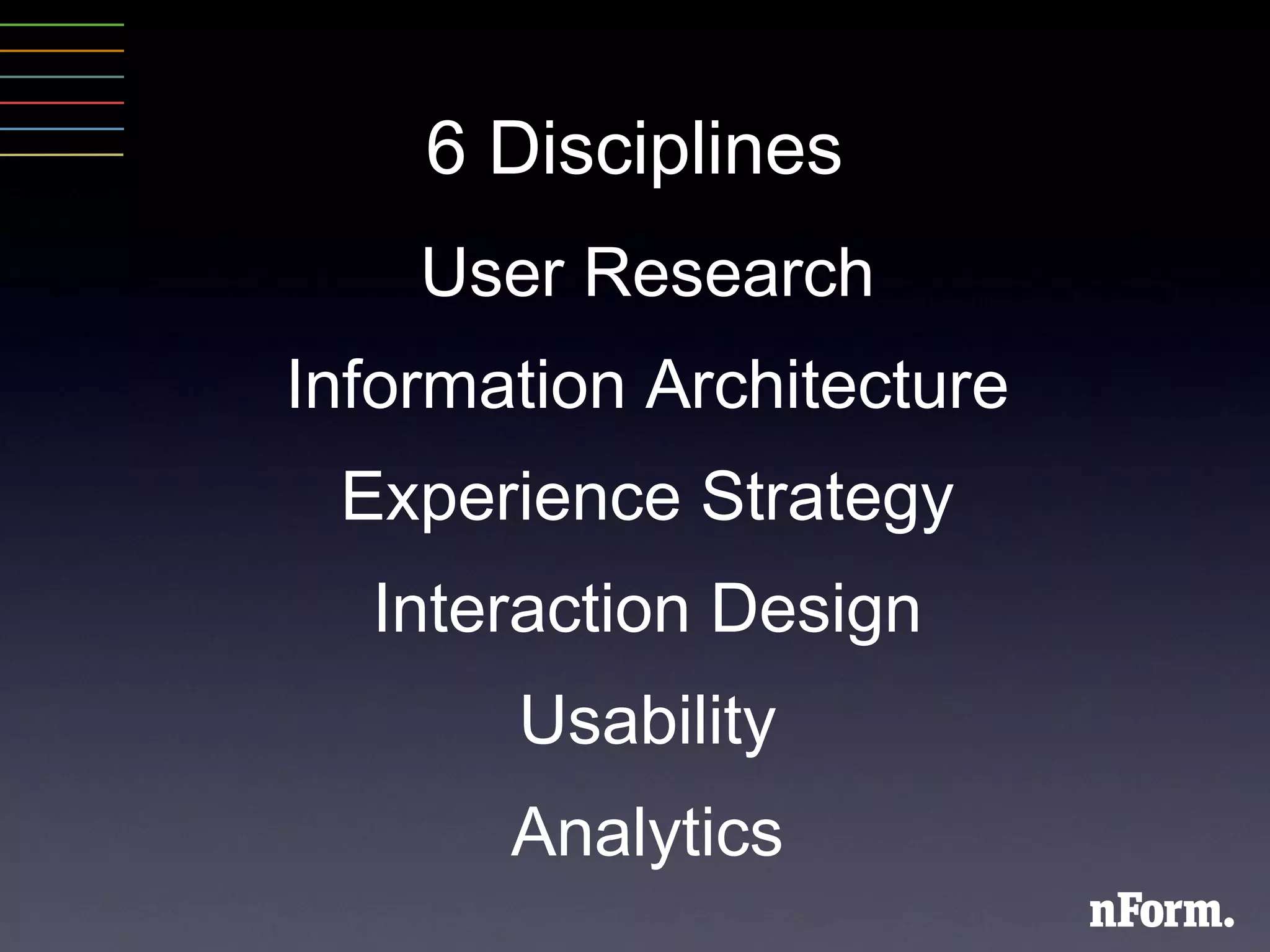 6 Disciplines User Research Information Architecture Experience Strategy Interaction Design Usability Analytics 