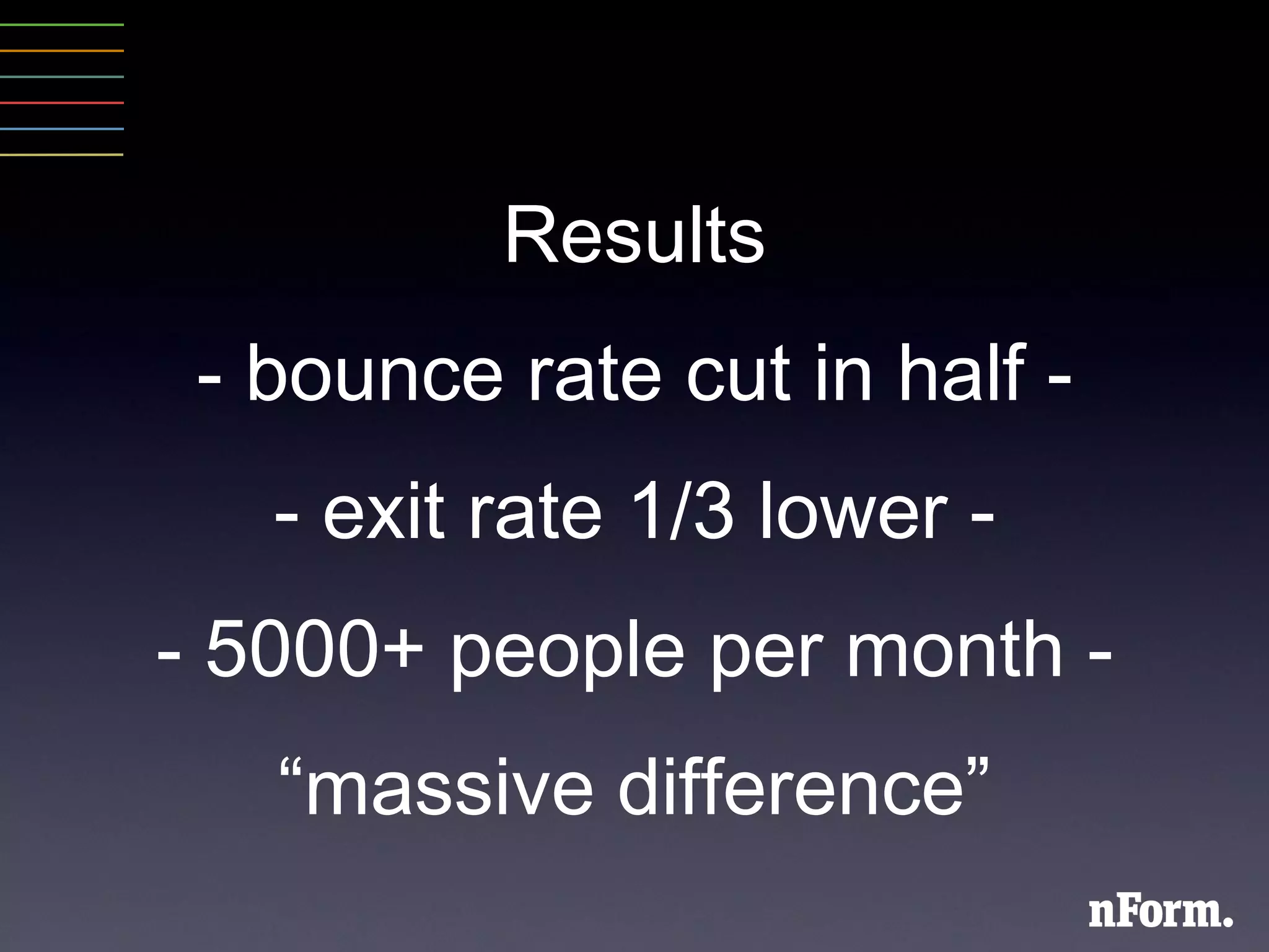 Results - bounce rate cut in half - - exit rate 1/3 lower - - 5000+ people per month - “ massive difference ” 
