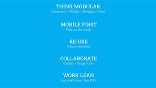 RE-USE
Reduce variations
WORK LEAN
Less wireframes / less PSDs
MOBILE FIRST
Thin out the jungle
COLLABORATE
Concept + Desi...