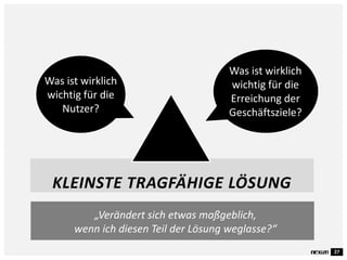 27
KLEINSTE TRAGFÄHIGE LÖSUNG
Was ist wirklich
wichtig für die
Erreichung der
Geschäftsziele?
Was ist wirklich
wichtig für die
Nutzer?
„Verändert sich etwas maßgeblich,
wenn ich diesen Teil der Lösung weglasse?“
Was ist wirklich
wichtig für die
Erreichung der
Geschäftsziele?
 