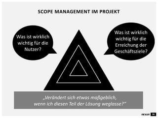 36
SCOPE MANAGEMENT IM PROJEKT
Was ist wirklich
wichtig für die
Erreichung der
Geschäftsziele?
Was ist wirklich
wichtig für die
Nutzer?
„Verändert sich etwas maßgeblich,
wenn ich diesen Teil der Lösung weglasse?“
 