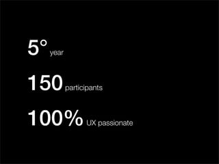 5°

year

150

participants

100%

UX passionate

 