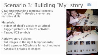 Scenario 3: Building “My” story
Goal: Understanding temporal concepts
(“before”, “after”); develop elementary
narrative skills

Materials:
• Videos of child’s activities at school
• Tagged pictures of child’s activities
• Tagged PCS symbols

Activity: story building
• Put images in the right temporal order
• Build a proper PCS phrase for each moment
• Associate phrases to images
 