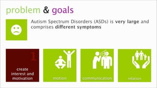 problem & goals
           Autism Spectrum Disorders (ASDs) is very large and
           comprises different symptoms




          1
    create
 interest and
  motivation
   interest         motion      communication       relation
 