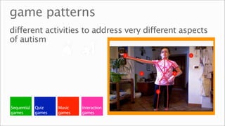 game patterns
different activities to address very different aspects
of autism




Sequential   Quiz    Music   Interaction
games        games   games   games
 