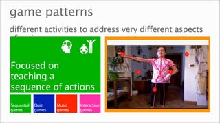 game patterns
different activities to address very different aspects
of autism


Focused on
teaching a
sequence of actions
Sequential   Quiz    Music   Interaction
games        games   games   games
 