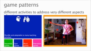 game patterns
different activities to address very different aspects
of autism




Flexible and adaptable to many teaching
activities


Sequential   Quiz      Music       Interaction
games        games     games       games
 