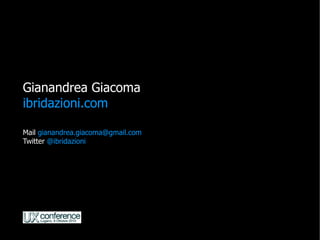 Gianandrea Giacoma
ibridazioni.com

Mail gianandrea.giacoma@gmail.com
Twitter @ibridazioni
 