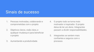 Sinais de sucesso
1. Pessoas motivadas, colaborando e
comprometidas com o projeto
2. Objetivos claros, visão clara, e
qualquer mudança é para beneficiar
o projeto
3. Aumentando a produtividade.
4. O projeto todo se torna mais
motivador e inspirador. O projeto
deixa de ter um dono. Integrantes
passam a dividir responsabilidades.
5. Integrantes se sentem mais
confiantes e seguros com o
processo.
 