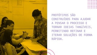 PROTÓTIPOS SÃO
CONSTRUÍDOS PARA AJUDAR
A PENSAR O PROCESSO E
TORNAR IDEIAS TANGÍVEIS,
PERMITINDO REFINAR E
ITERAR SOLUÇÕES DE FORMA
RÁPIDA.
 